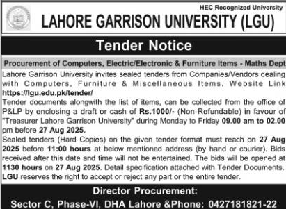 Lahore Garrison University Lahore Tender Notice